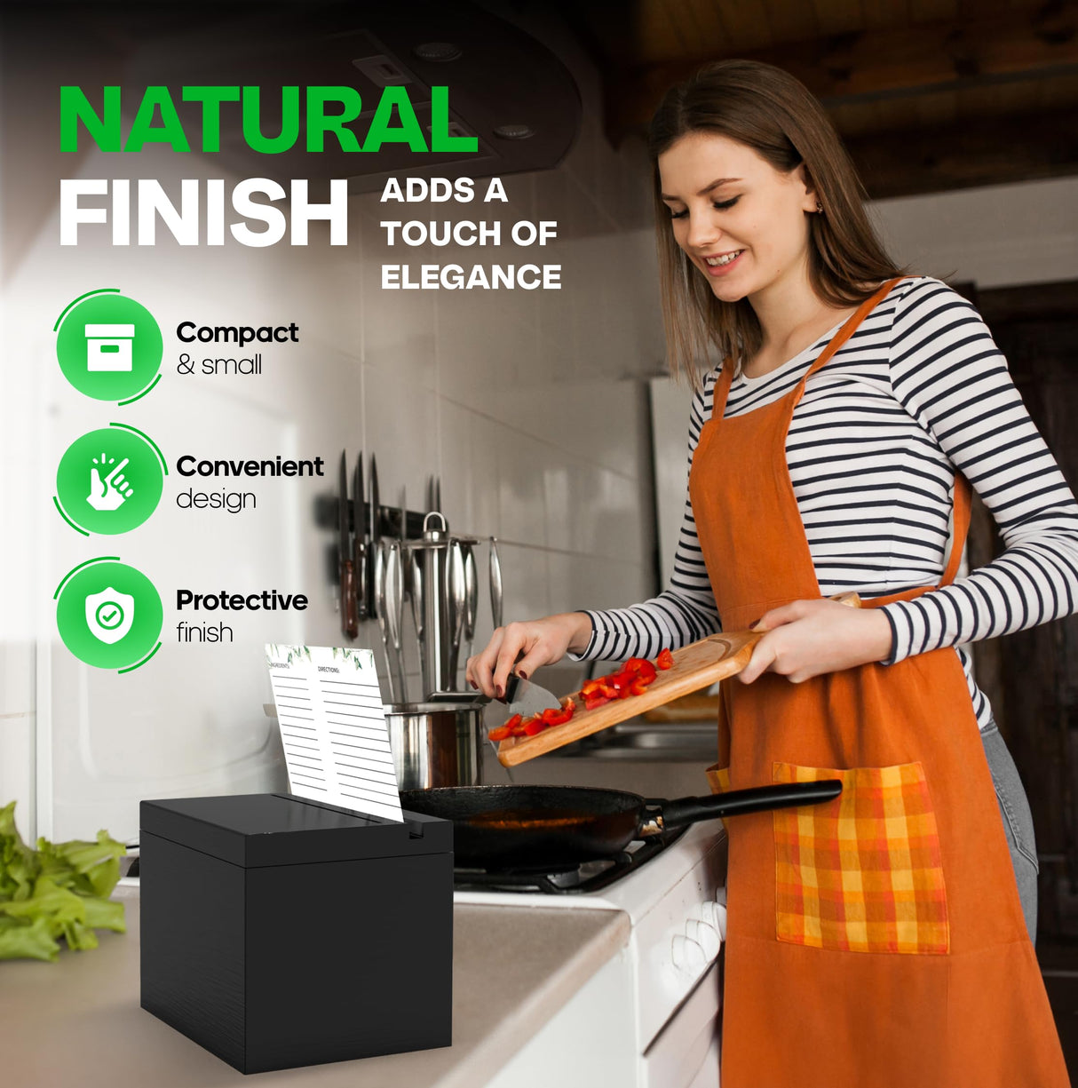 Jaconine Recipe Box, Wooden Recipe Organizer, Recipe Holder Box with 50 Recipe Cards 4""x6"" & 6 Dividers, Recipe Book to Write in Your Own Recipes, Black Jaconine