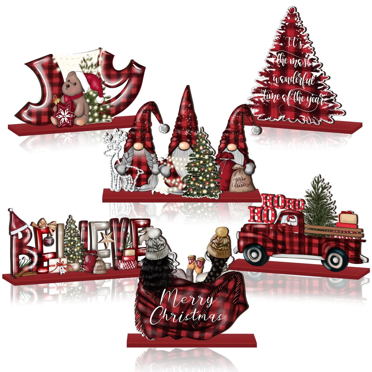CroBlissful 6 Pcs Christmas Table Decorations Winter Centerpiece Buffalo Plaid Red Black Gnome Signs Farmhouse Wooden Table Top Signs Rustic Christmas Decor for Office Desk Indoor Tiered Tray Decor CroBlissful