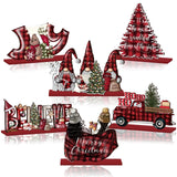 CroBlissful 6 Pcs Christmas Table Decorations Winter Centerpiece Buffalo Plaid Red Black Gnome Signs Farmhouse Wooden Table Top Signs Rustic Christmas Decor for Office Desk Indoor Tiered Tray Decor CroBlissful