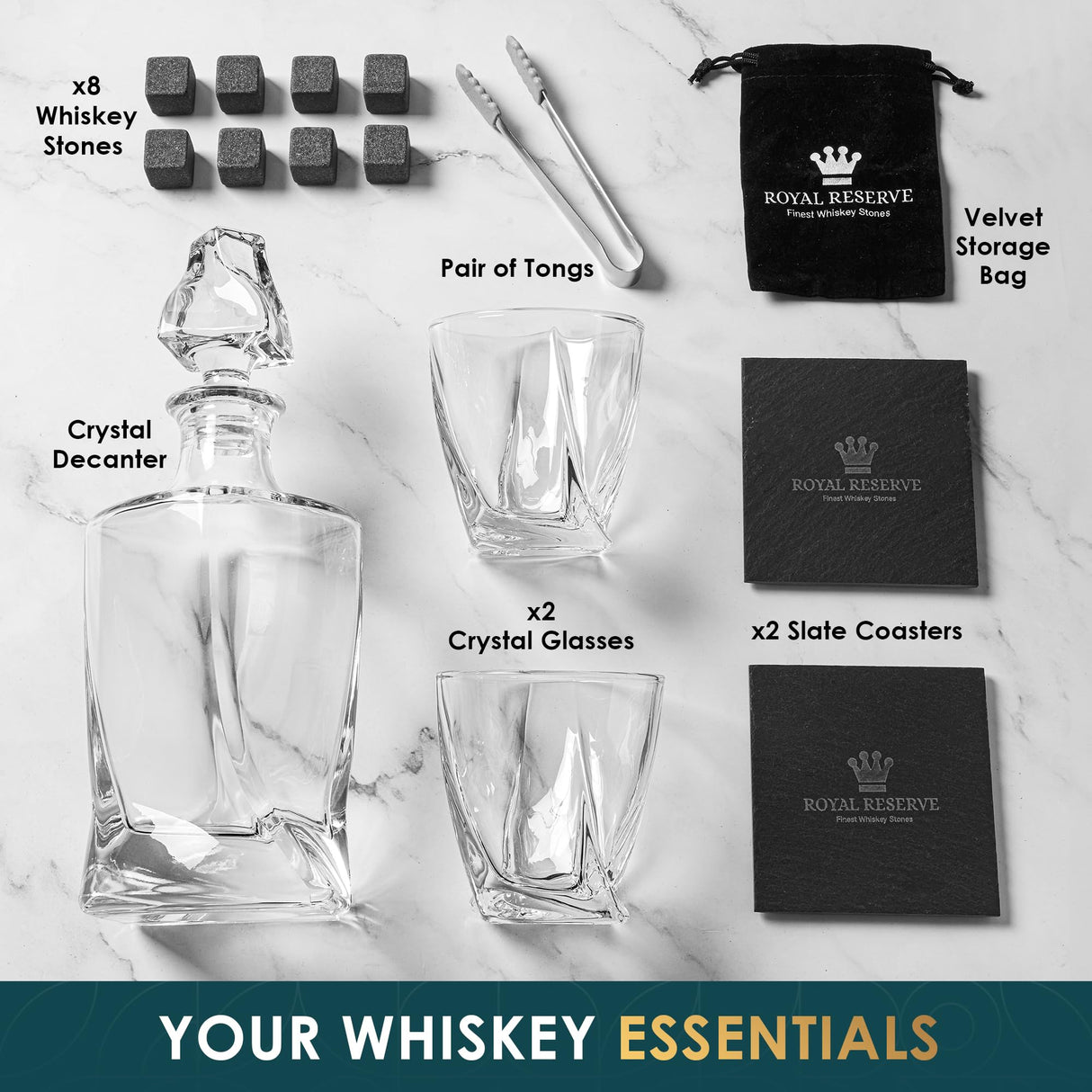 Whiskey Decanter Set by Royal Reserve – Whiskey Gift Set - Twisted Bourbon Decanter 34 oz 1000 ml with Glasses, Whiskey Stones, Coasters, Tongs – Whiskey Gifts for Men, Husband, Dad Christmas Royal Reserve