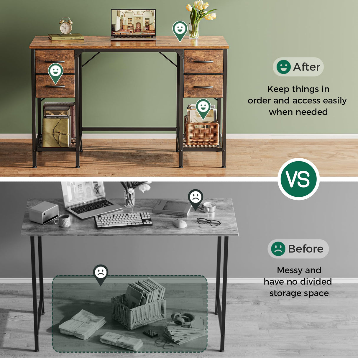 Huuger 47 Inch Computer Desk with 4 Drawers, Office Desk with Mesh Shelf, Gaming Desk, Large Storage, Writing Desk Work Desk for Home Office, Study, Bedroom, Work from Home, Rustic Brown Huuger