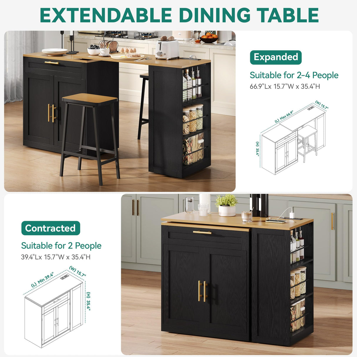 YITAHOME 67 inch Kitchen Island with Seating & Extendable Dining Table, Mobile Storage Islands with 2 Chairs, Rolling Expandable Island with Power Outlet, 3-Tier Spice Rack, L-Shaped Cart (Black) YITAHOME