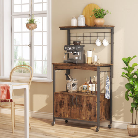 Bestier Bakers Racks with Storage Cabinet, Height-Adjustable 45" to 55" Microwave Stand for Kitchen with Wheels & Feet, Industrial Rolling Coffee Bar Shelf with 10 S-Hooks Rustic Brown Bestier