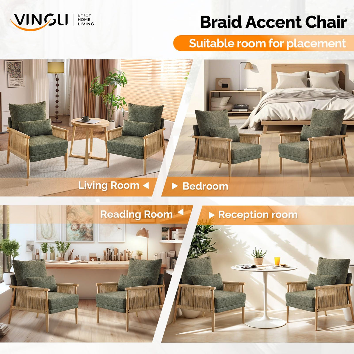 VINGLI Boho Braid Accent Armchairs Set of 2,Mid-Century Modern Chiars with Solid Wooden Armrest,Comfy Louge Cushion Chairs with Waist Pillow for Bedroom,Living Room,Reading Room, Dark Green VINGLI