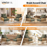 VINGLI Boho Braid Accent Armchairs Set of 2,Mid-Century Modern Chiars with Solid Wooden Armrest,Comfy Louge Cushion Chairs with Waist Pillow for Bedroom,Living Room,Reading Room, Dark Green VINGLI