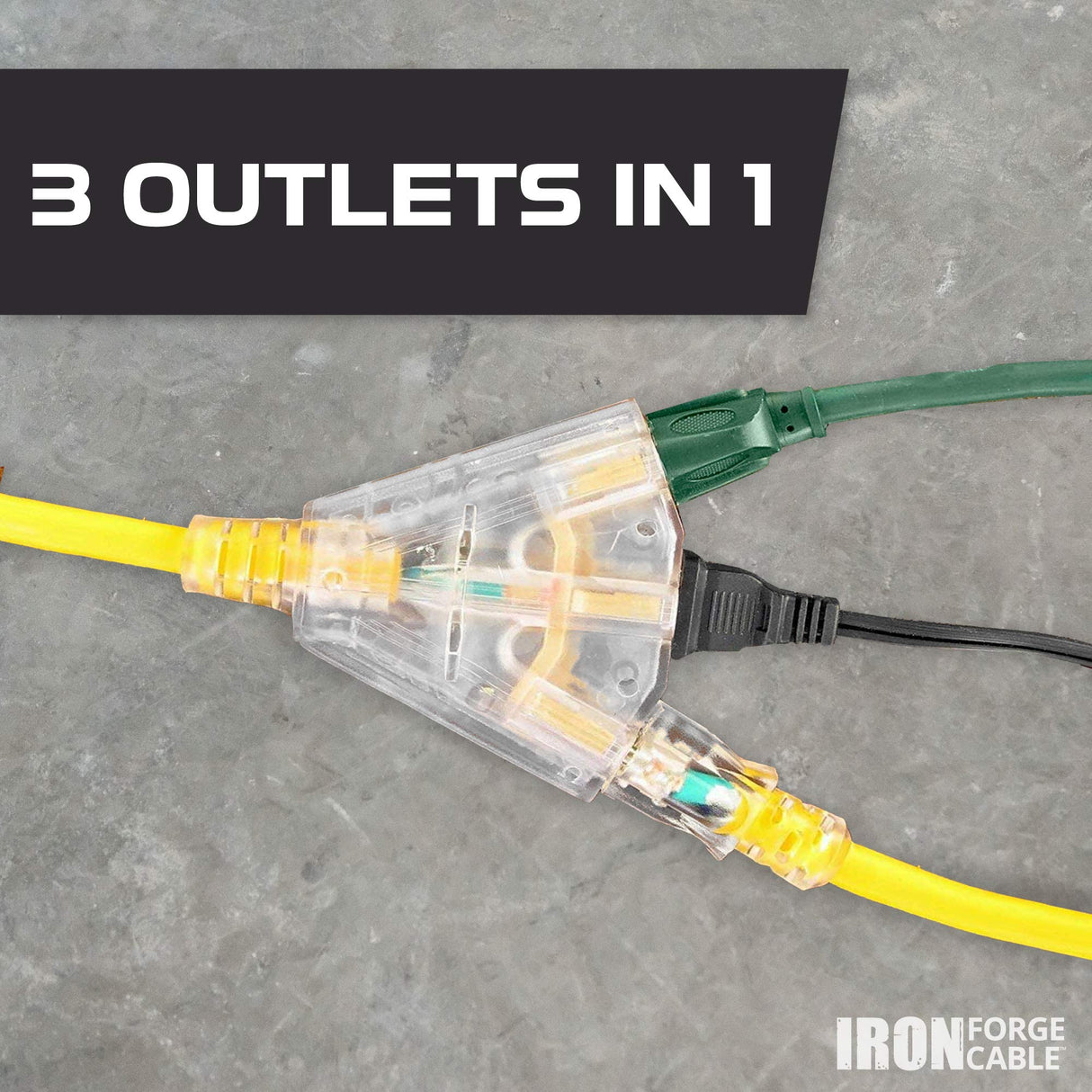 IRON FORGE CABLE 75 Foot Lighted Outdoor Extension Cord with 3 Electrical Power Outlets - 12/3 SJTW Heavy Duty Yellow Extension Cable with 3 Prong Grounded Plug for Safety, 15 AMP Iron Forge Cable