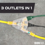 IRON FORGE CABLE 75 Foot Lighted Outdoor Extension Cord with 3 Electrical Power Outlets - 12/3 SJTW Heavy Duty Yellow Extension Cable with 3 Prong Grounded Plug for Safety, 15 AMP Iron Forge Cable