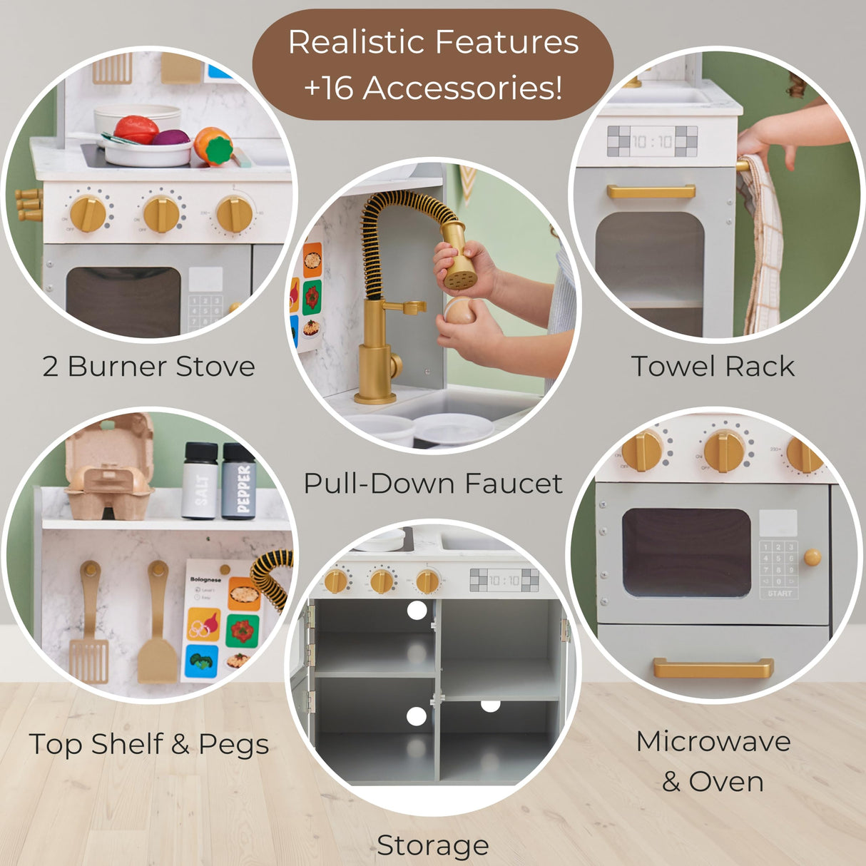 Teamson Kids Little Chef Memphis Small Wooden Play Kitchen with Interactive, Realistic Features, and 16 Kitchen Accessories - for 3yrs and up, Pretend Play House, Restaurant - Gray/Gold/Faux Marble Teamson Kids