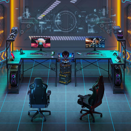 Bestier Gaming Desk with Power Outlets,42 Computer Desk with LED Lights, Reversible Corner Desk with 4-Tier Shelves,Cup Holder & Hook for Home Office,Carbon Fiber Black Bestier