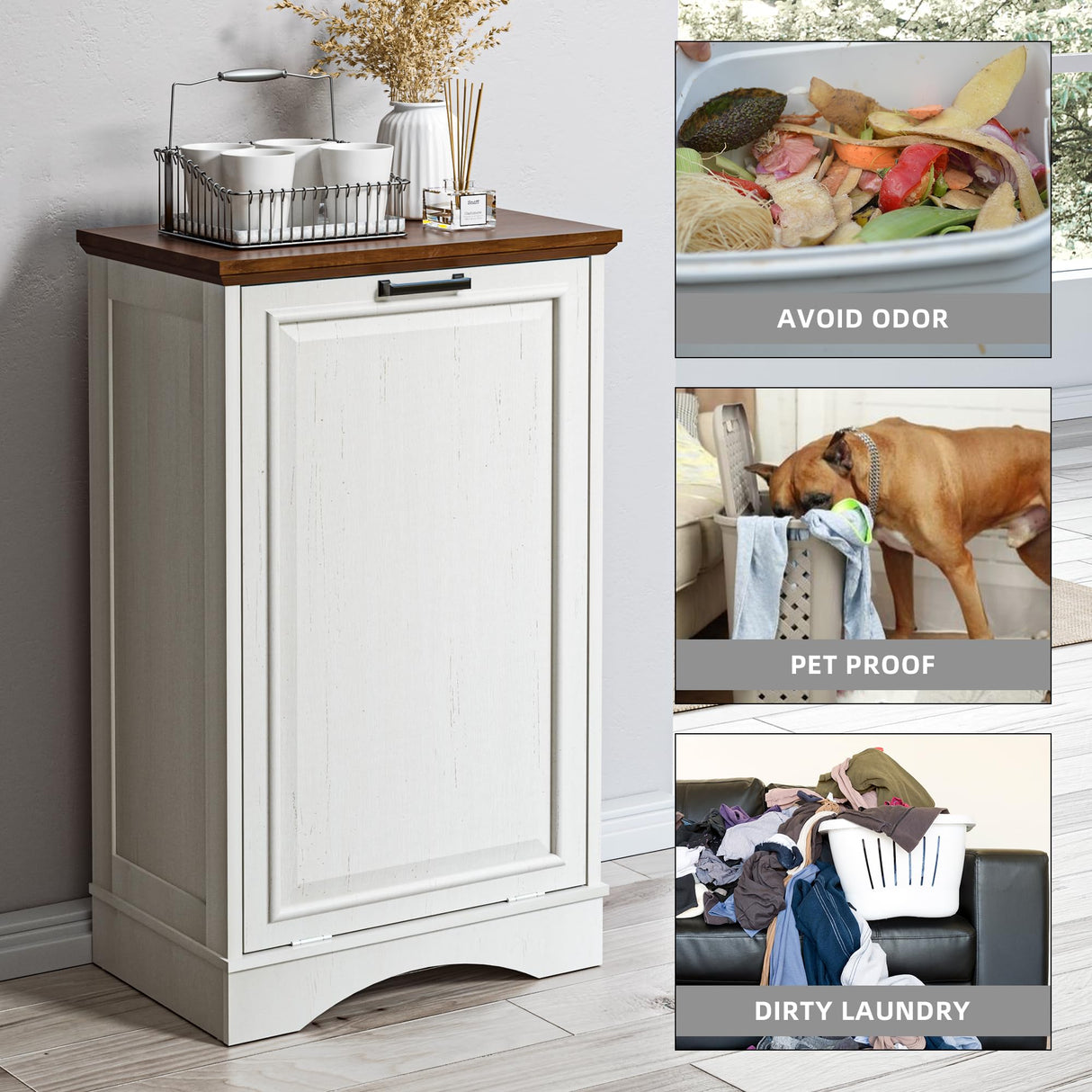 OUTGUAVA 13 Gallons Tilt Out Trash Cabinet Free Standing Kitchen Trash Bin Cabinet Recycling Garbage Cabinet with Deodorizing Function Pet Proof Trash Can Holder for Kitchen Living Room, Antique White OUTGUAVA