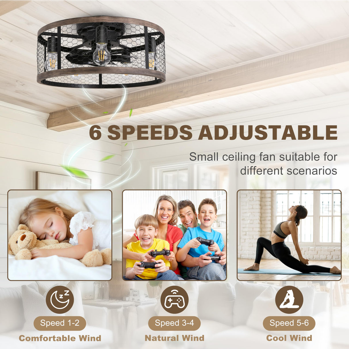 Ohniyou 20'' Flush Mount Caged Ceiling Fan with Lights Remote Control, Farmhouse Rustic Low Profile Small Vintage Enclosed Ceiling Fan Lighting Fixture Bedroom Dining Room Ohniyou