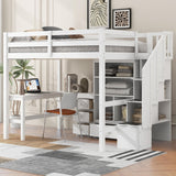 Full Size Loft Bed with Desk and Stairs Wood Loft Beds with Storage Cabinet and Bookcase High Loft Bed Frame with Staircase Shelves for Kids, Teen, Boys, Girls, White Bellemave