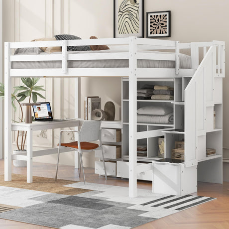 Full Size Loft Bed with Desk and Stairs Wood Loft Beds with Storage Cabinet and Bookcase High Loft Bed Frame with Staircase Shelves for Kids, Teen, Boys, Girls, White Bellemave