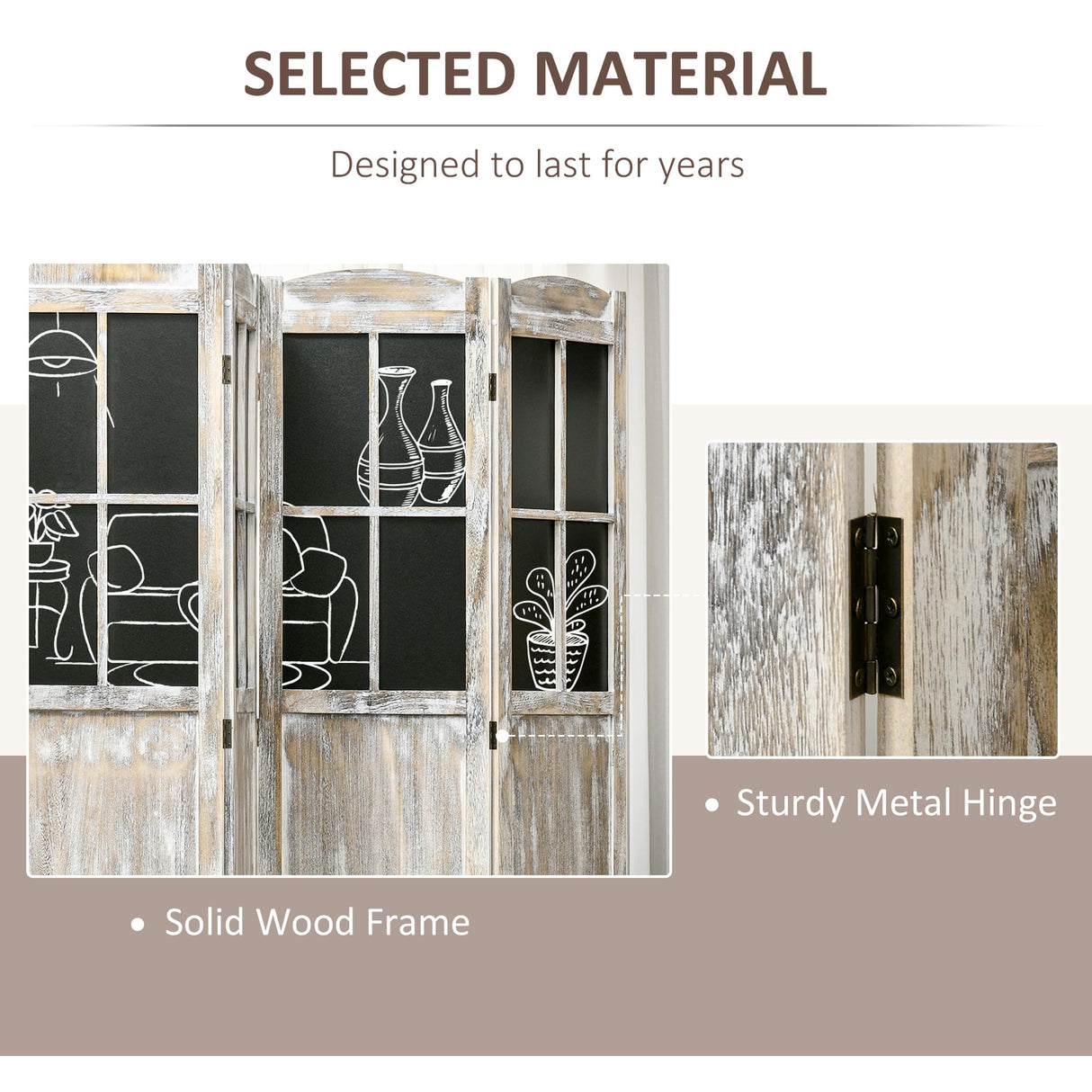 HOMCOM 4 Panel Room Divider, 5.6' Tall Farmhouse Style Folding Indoor Portable Wood Privacy Screen with Black Boards, Hinged Freestanding Partition Wall Dividers for Home Office, Natural HOMCOM