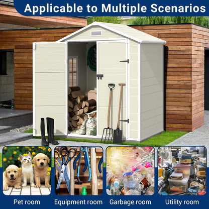 VONZOY Outdoor Storage Shed, 6x4.5 FT Resin Shed with Floor and Lockable Door, Window & Vents, Waterproof Tool Sheds & Outdoor Storage for Bike, Garbage Cans,Garden Accessories, Sandstone - WoodArtSupply