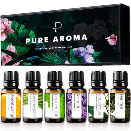 Essential Oils Set by Pure Aroma - Top 6 Aromatherapy Oils Gift Set-6 Pack, 10ml (Eucalyptus, Lavender, Lemongrass, Sweet Orange, Peppermint, Tea Tree) Pure Aroma