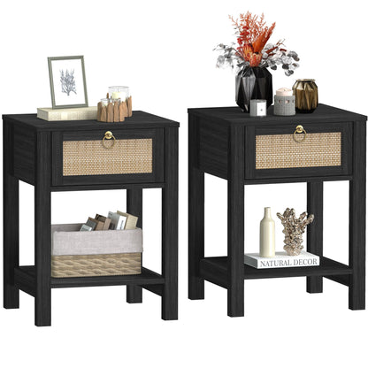 SICOTAS Black Nightstand Set of 2 - Rattan Decor Drawer with Brass Knobs Night Stand Wood Bedside Table Boho End Tables Side Tables with Storage Shelf - WoodArtSupply