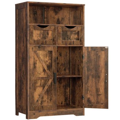 FIONESO Storage Cabinet with Adjustable Shelf & 2 Adjustable Drawers, Floor Cabinet with Barn Doors, Cupboard for Living Room, Entryway, Home Office, Rustic Brown