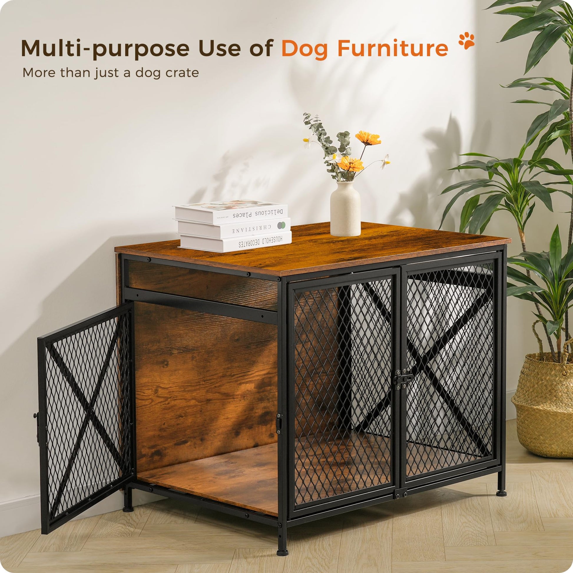 DWANTON Dog Crate Furniture, 31.5" L Three-Door Wooden Dog Kennel Indoor, Connectable Expansion, Wooden Dog Crate Table for Medium/Large Dog, Dog House, Dog Cage Large, Rustic Brown - WoodArtSupply