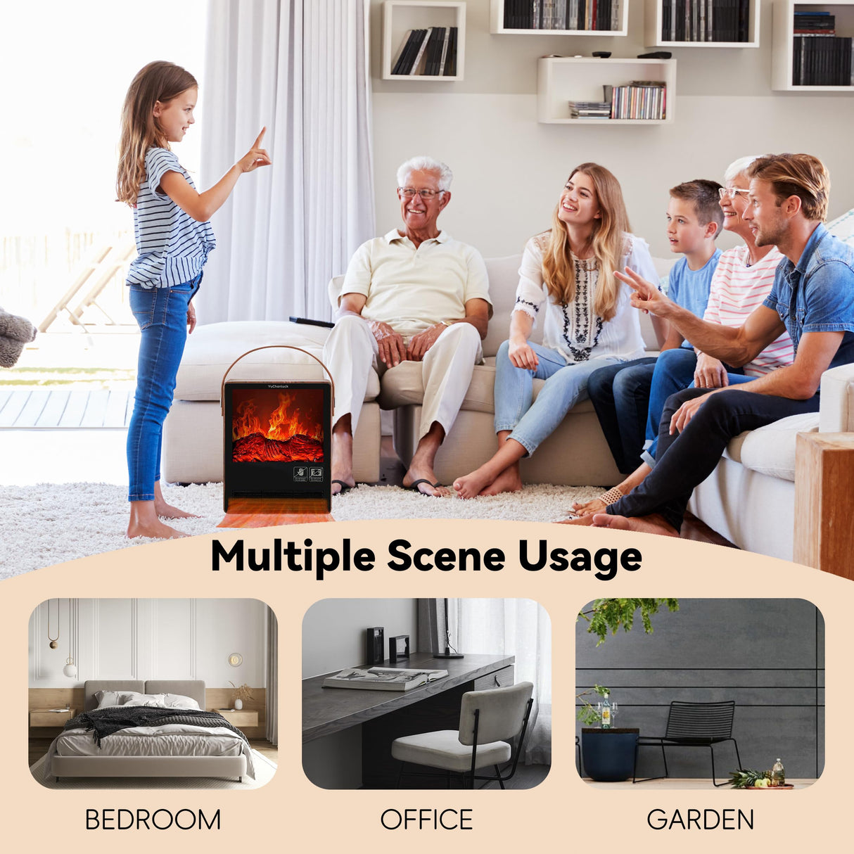 Portable Electric Fireplace Heater for Indoor Use,Fake Fireplace Space Heaters 1500W High Power,Small Fireplace with Realistic 3D Flame Effect,Mini Heater with Overheat and Tilt Protection YUCHANLUCK