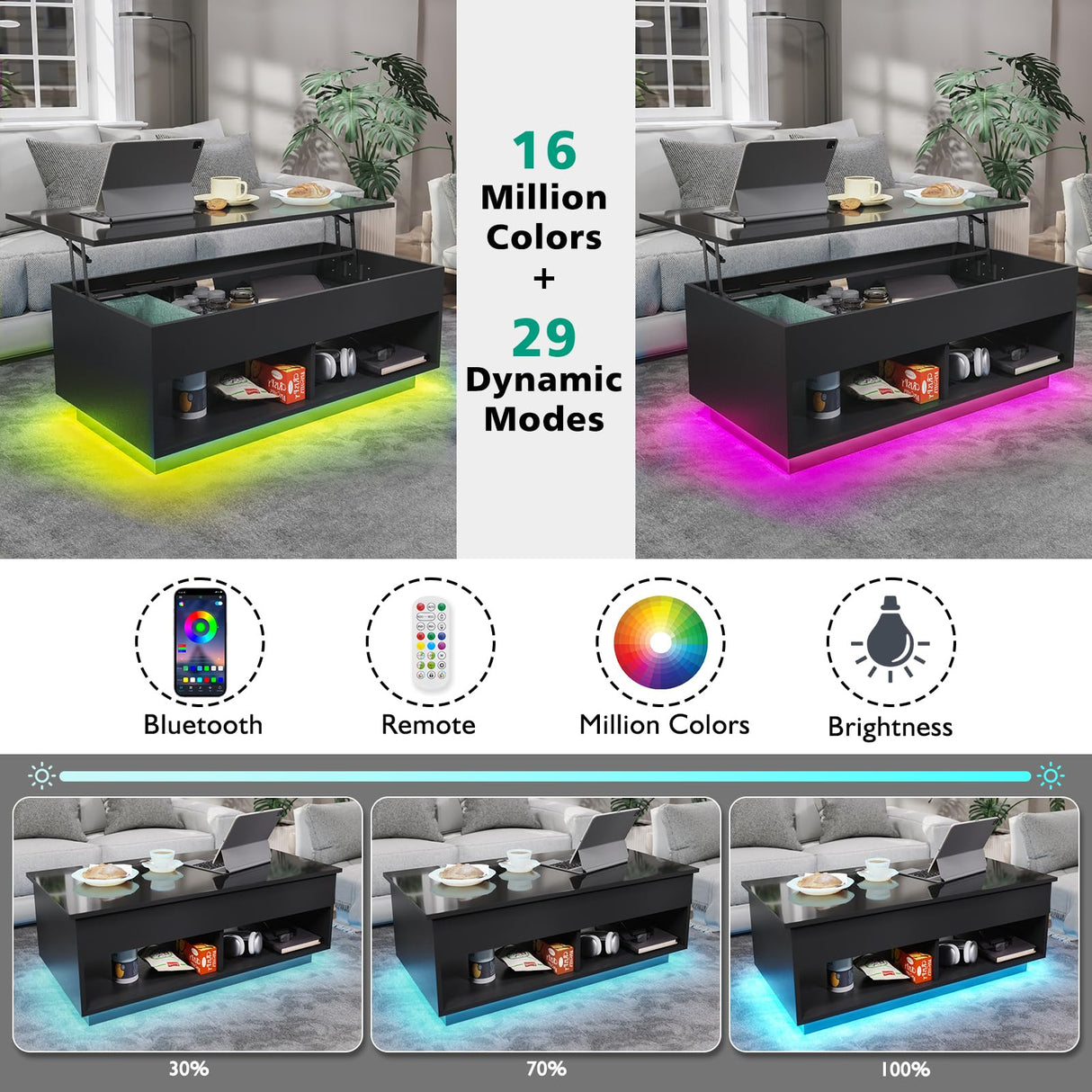 HOMMPA 40" Modern LED Coffee Table with Storage for Living Room, Lift Top Coffee Table with 2 Shelves, High Glossy Wooden Dining Table, Multifunctional Furniture for Bedroom Home Office, Black HOMMPA