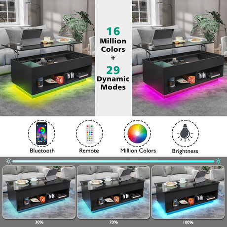 HOMMPA 40" Modern LED Coffee Table with Storage for Living Room, Lift Top Coffee Table with 2 Shelves, High Glossy Wooden Dining Table, Multifunctional Furniture for Bedroom Home Office, Black HOMMPA