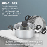 Nevlers 3 Piece Premium Heavy Duty Stainless Steel Steamer Pot Set Includes 3 Quart Cooking Pot, 2 Quart Steamer Insert and Vented Glass Lid | Stack and Steam Pot Set for All Cooking Surfaces Nevlers