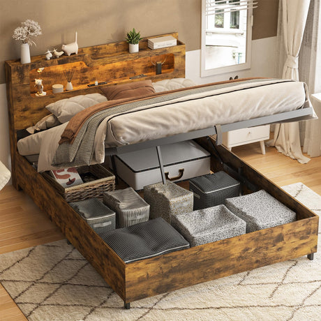 Fameill Queen Size Lift Up Storage Bed Frame, 2-Tier Headboard Wooden Platform Bed Frame with Lifting Storage & Charging Station, No Spring Box Needed/Noise Free Fameill