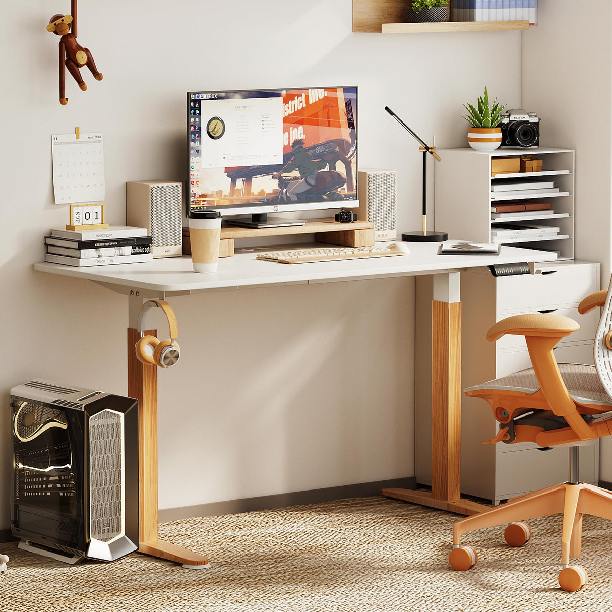 Monomi Electric Standing Desk, 55 x 28 inches Height Adjustable Desk, Ergonomic Home Office Sit Stand Up Desk with Memory Preset Controller (White Top/Wood Grain Frame) Monomi