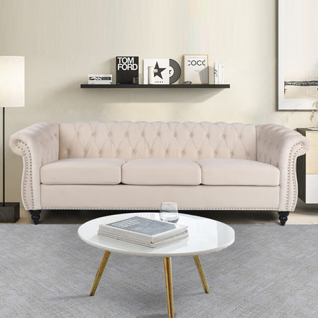 PHOYAL Large Velvet Sofa Three-seat Sofa Classic Tufted Chesterfield Settee Sofa Modern 3 Seater Couch Furniture Tufted Back for Living Room (Beige) PHOYAL