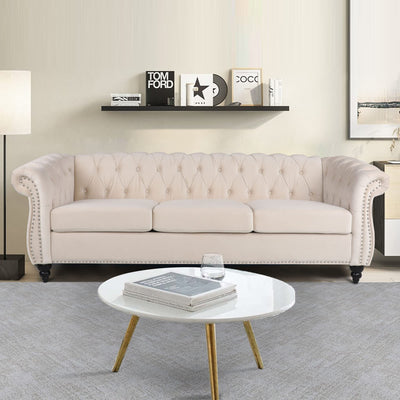 PHOYAL Large Velvet Sofa Three-seat Sofa Classic Tufted Chesterfield Settee Sofa Modern 3 Seater Couch Furniture Tufted Back for Living Room (Beige)