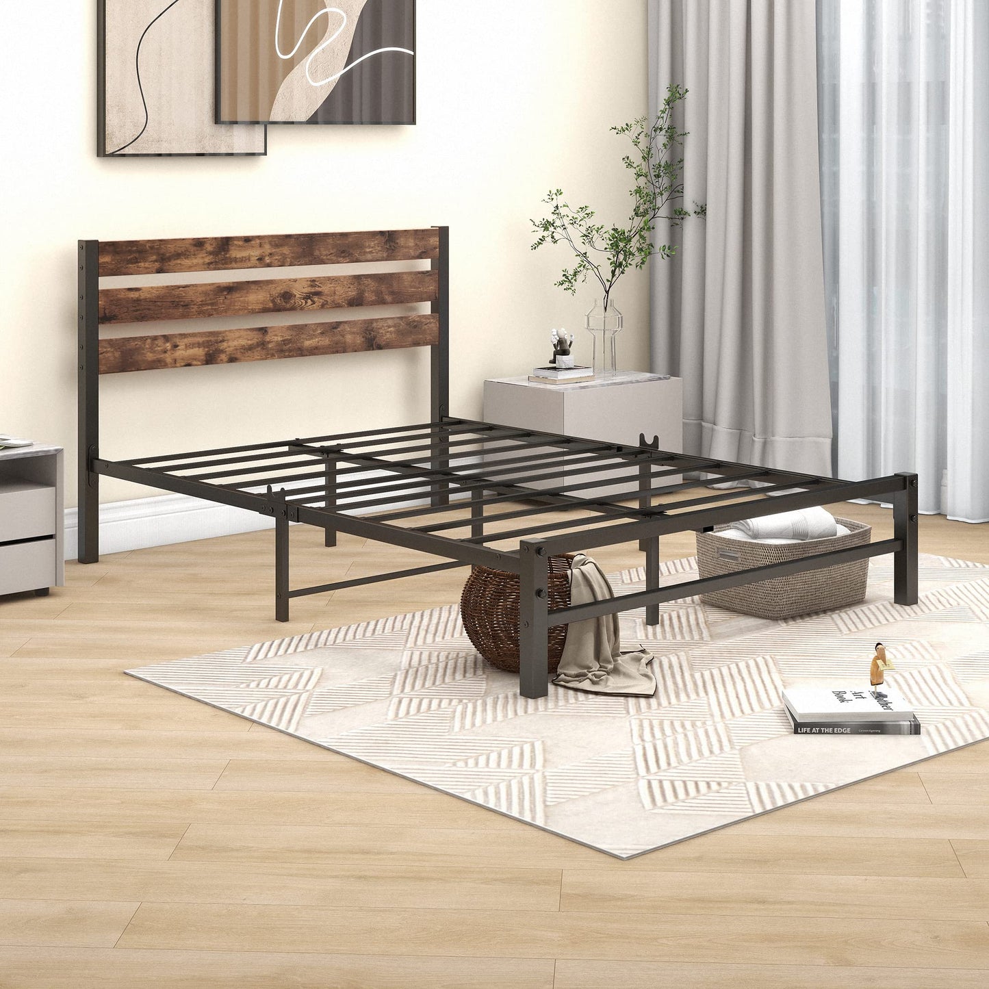 VERFARM Rustic Vintage Full Metal Platform Bed Frame with Wooden Headboard - No Box Spring Needed, Noise-Free, Easy Assembly - WoodArtSupply