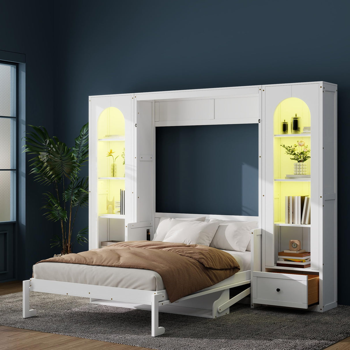 Queen Murphy Bed with Desk and Storage & LED Light, Solid Wood Hideaway Murphy Wall Bed with Storage Bookcase Shelves and Drawers for Adults (White,Queen) MERITLINE