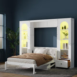 Queen Murphy Bed with Desk and Storage & LED Light, Solid Wood Hideaway Murphy Wall Bed with Storage Bookcase Shelves and Drawers for Adults (White,Queen) MERITLINE