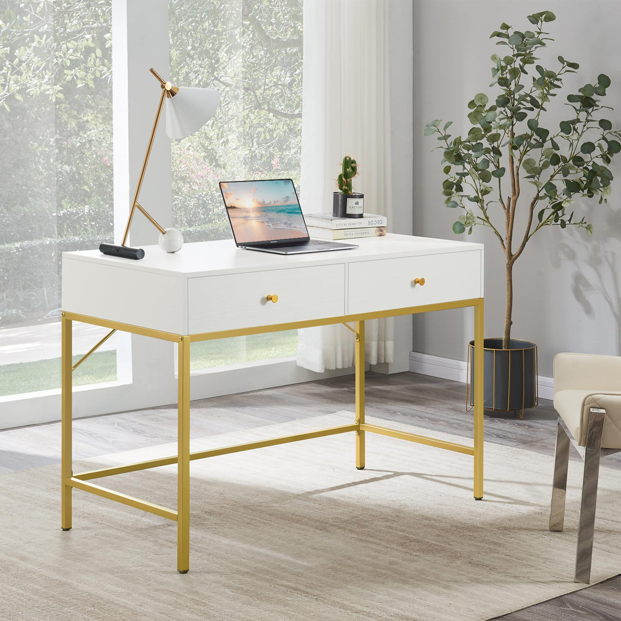 SUPERJARE Vanity Desk with Drawers, 47 inch Computer Desk, Modern Simple Home Office Desks, Makeup Dressing Table for Bedroom - White and Gold SUPERJARE