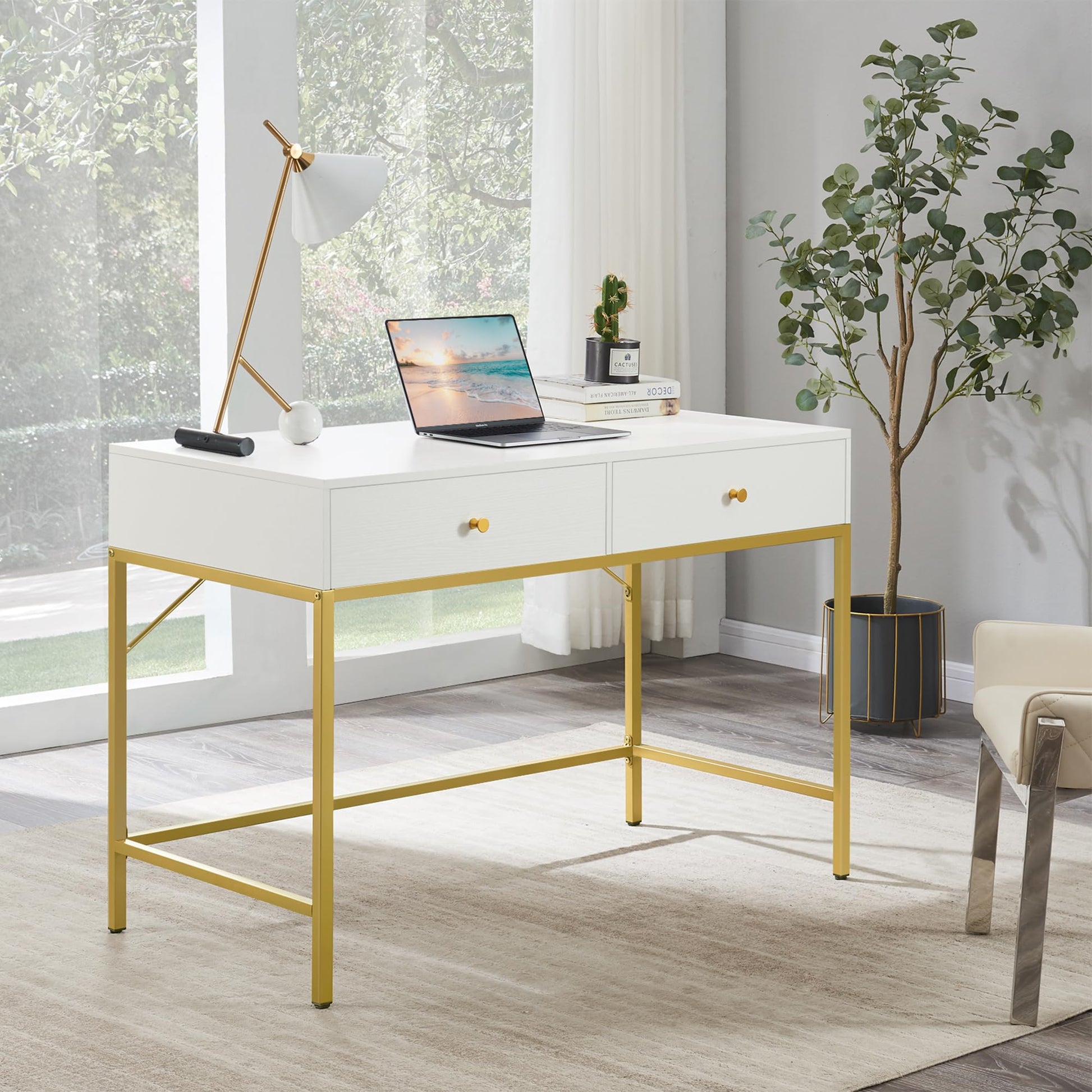 SUPERJARE Vanity Desk with Drawers, 47 inch Computer Desk, Modern Simple Home Office Desks, Makeup Dressing Table for Bedroom - White and Gold - WoodArtSupply