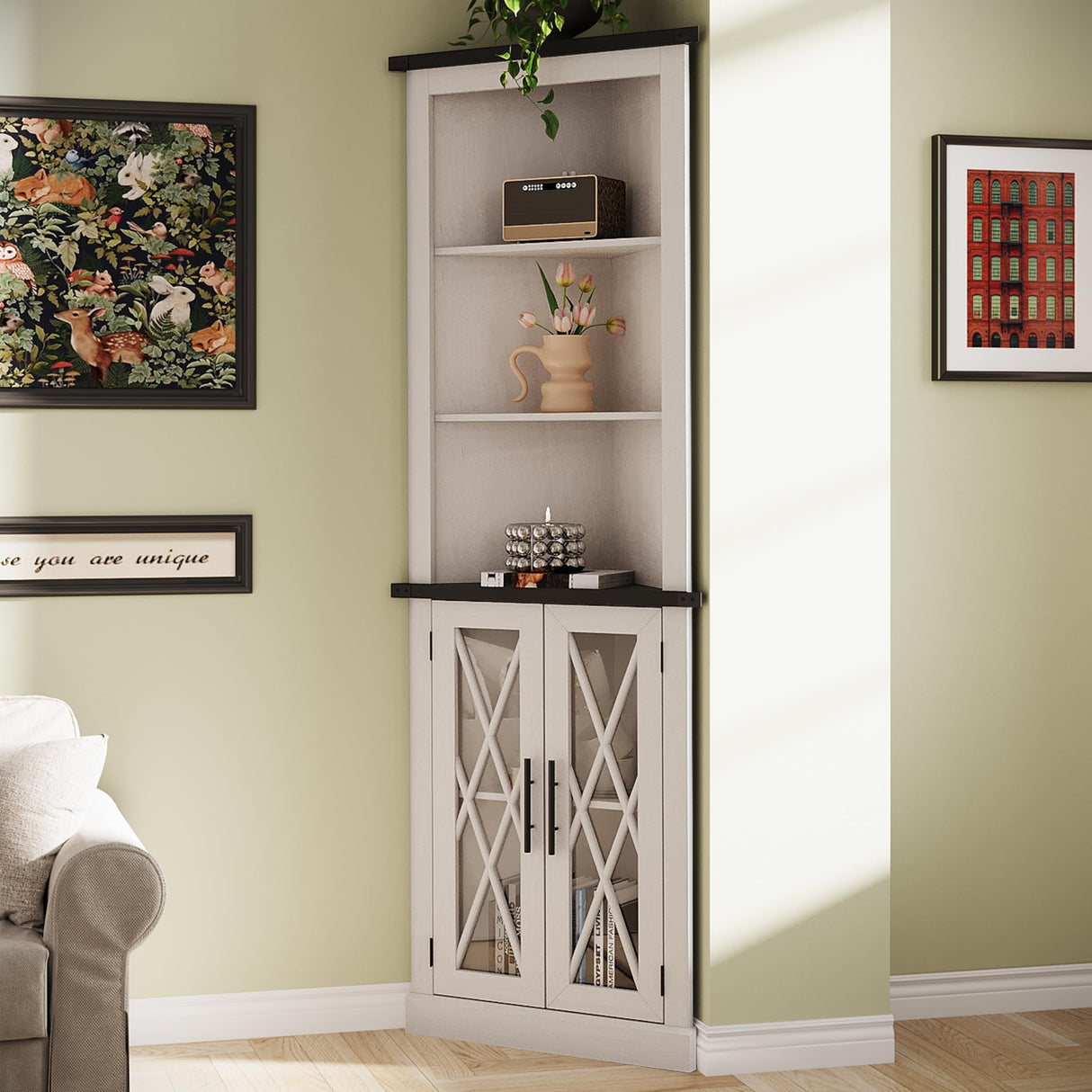 Maupvit 66.8" Tall Corner Cabinet with 2 Glass Doors, Modern Storage Cabinet with Adjustable Shelves, Corner Display Cabinet for Living Room, Bathroom, Hallway, Retro White Maupvit