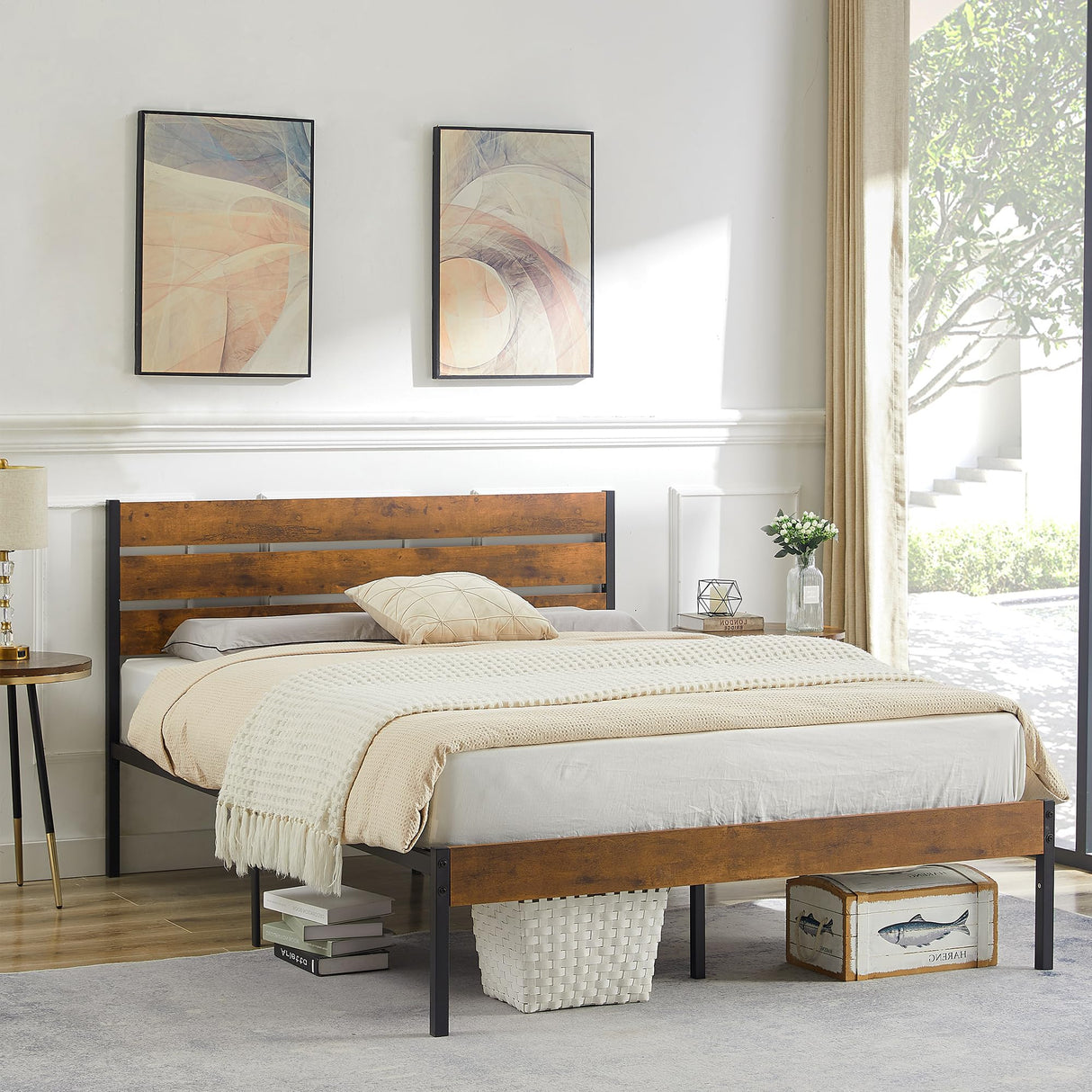 VECELO Rustic Queen Size Bed Frame with Wooden Headboard and Sturdy Slat Support VECELO