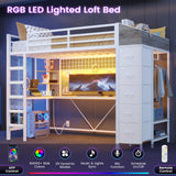 VIAGDO Loft Bed Twin Size with Hall Tree, Charging Station and LED Lights, Twin Loft Bed with L-Shaped Desk, 5 Storage Drawers, Heavy Duty Twin Size Bed with Stairs, No Box Spring Needed, White VIAGDO