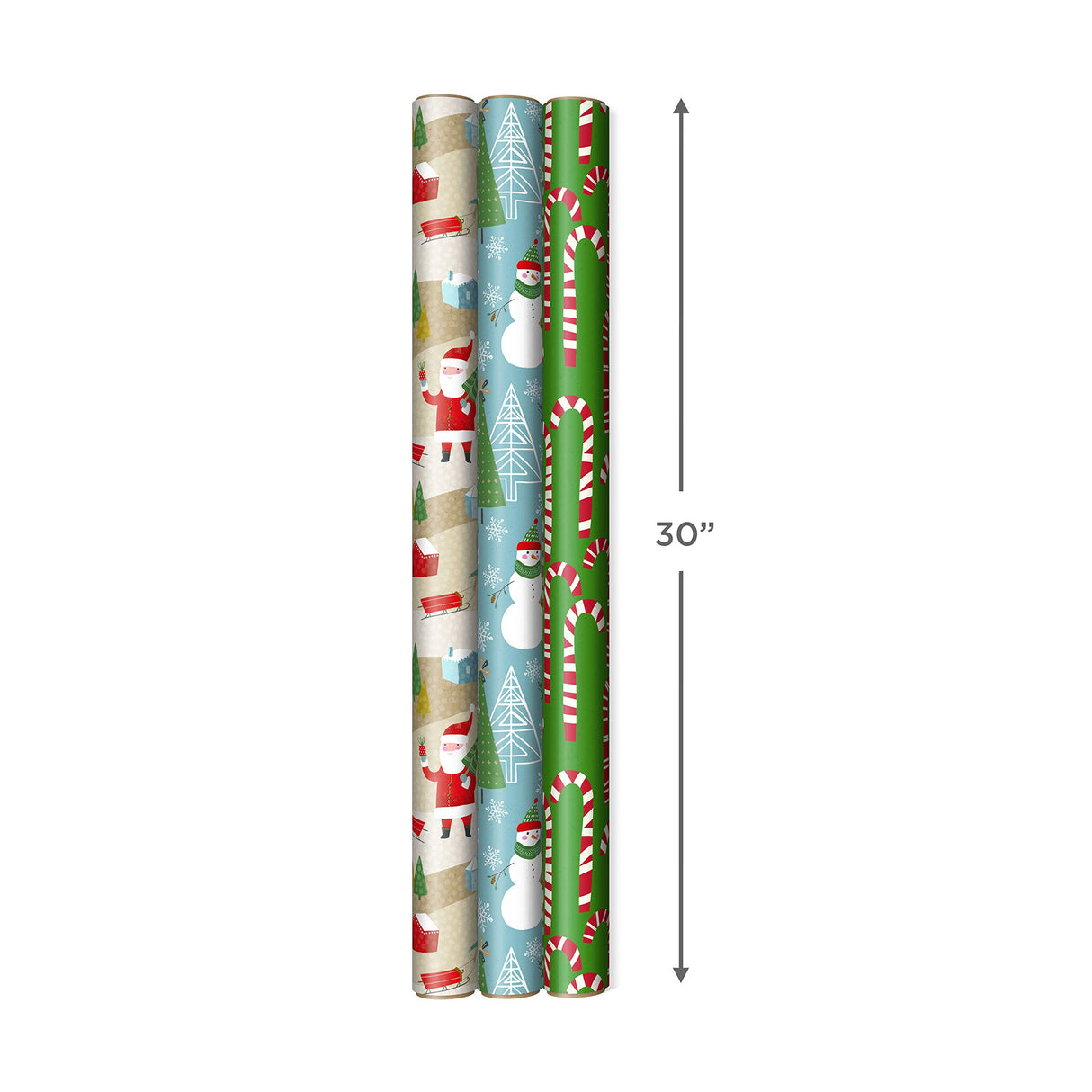 Hallmark Reversible Christmas Wrapping Paper (3 Rolls: 120 sq. ft. ttl) Rustic Santa, Papercraft Snowmen, Candy Canes, Stripes, Snowflakes, "Merry Christmas to You" Hallmark