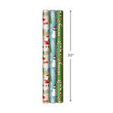 Hallmark Reversible Christmas Wrapping Paper (3 Rolls: 120 sq. ft. ttl) Rustic Santa, Papercraft Snowmen, Candy Canes, Stripes, Snowflakes, "Merry Christmas to You" Hallmark