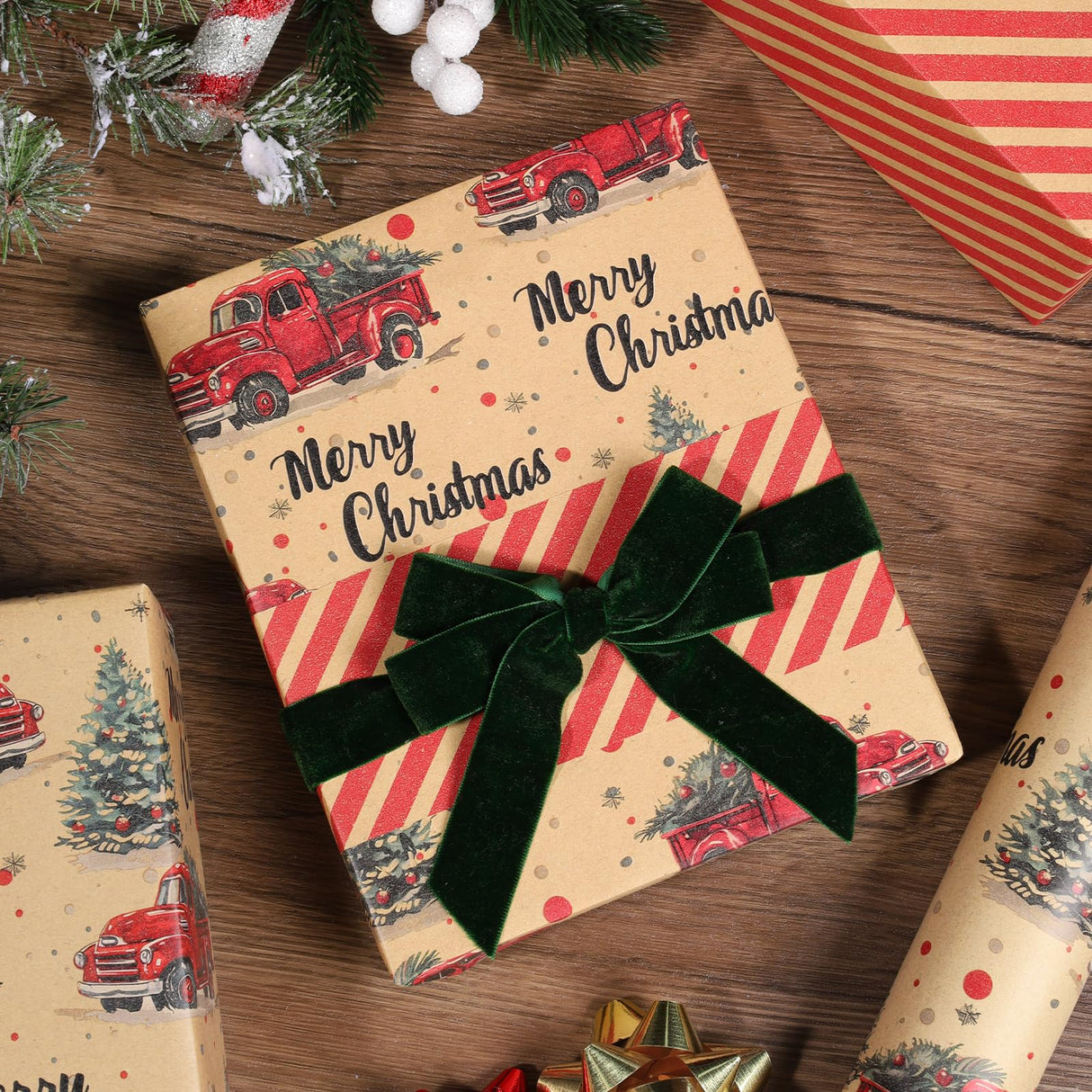 BIOBROWN Reversible Kraft Christmas Wrapping Paper - 17 Inch X 33 Feet (46.7 sq. ft. ttl.) - Vintage Trucks Design Perfect for Xmas, Party, Holiday Gift Wrap BIOBROWN