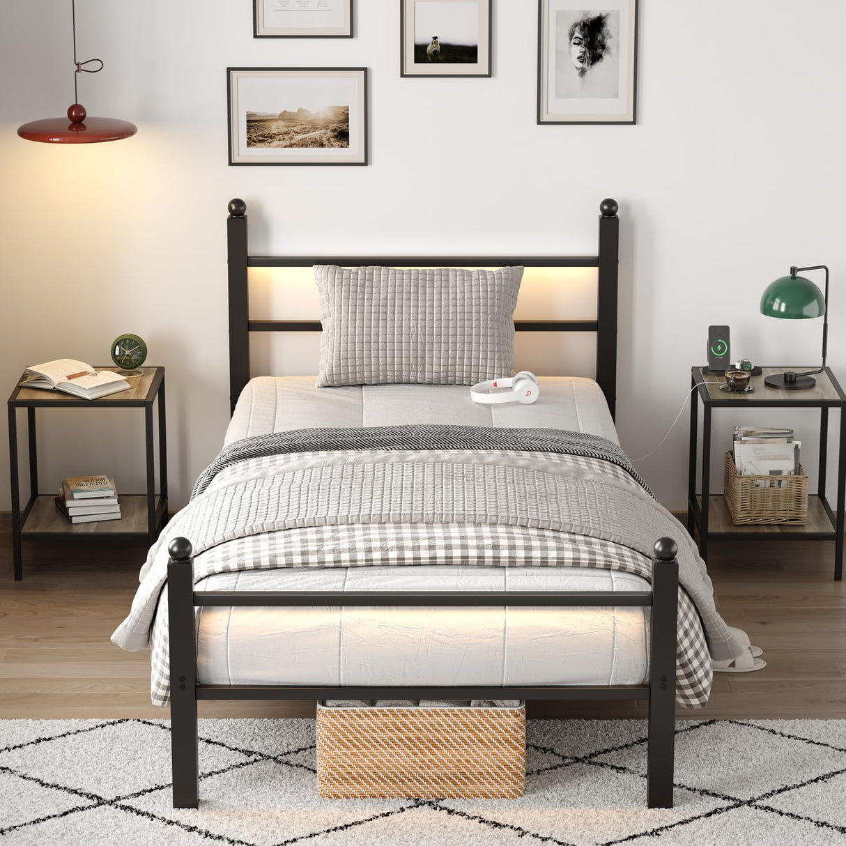 CollaredEagle Twin Bed Frame with Headboard and Footboard,Heavy Duty Steel Slats Support Metal Bed Frame with Charging Station, Black CollaredEagle