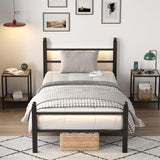 CollaredEagle Twin Bed Frame with Headboard and Footboard,Heavy Duty Steel Slats Support Metal Bed Frame with Charging Station, Black CollaredEagle