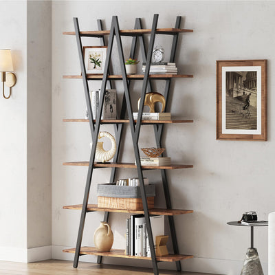 LIKEMET 74 Inch Industrial Tall Bookshelf, 6 Tier Bookshelf, Free Standing Open Book Shelves Storage Display Shelf, Book Shelf for Living Room, Home Office, Rustic Brown