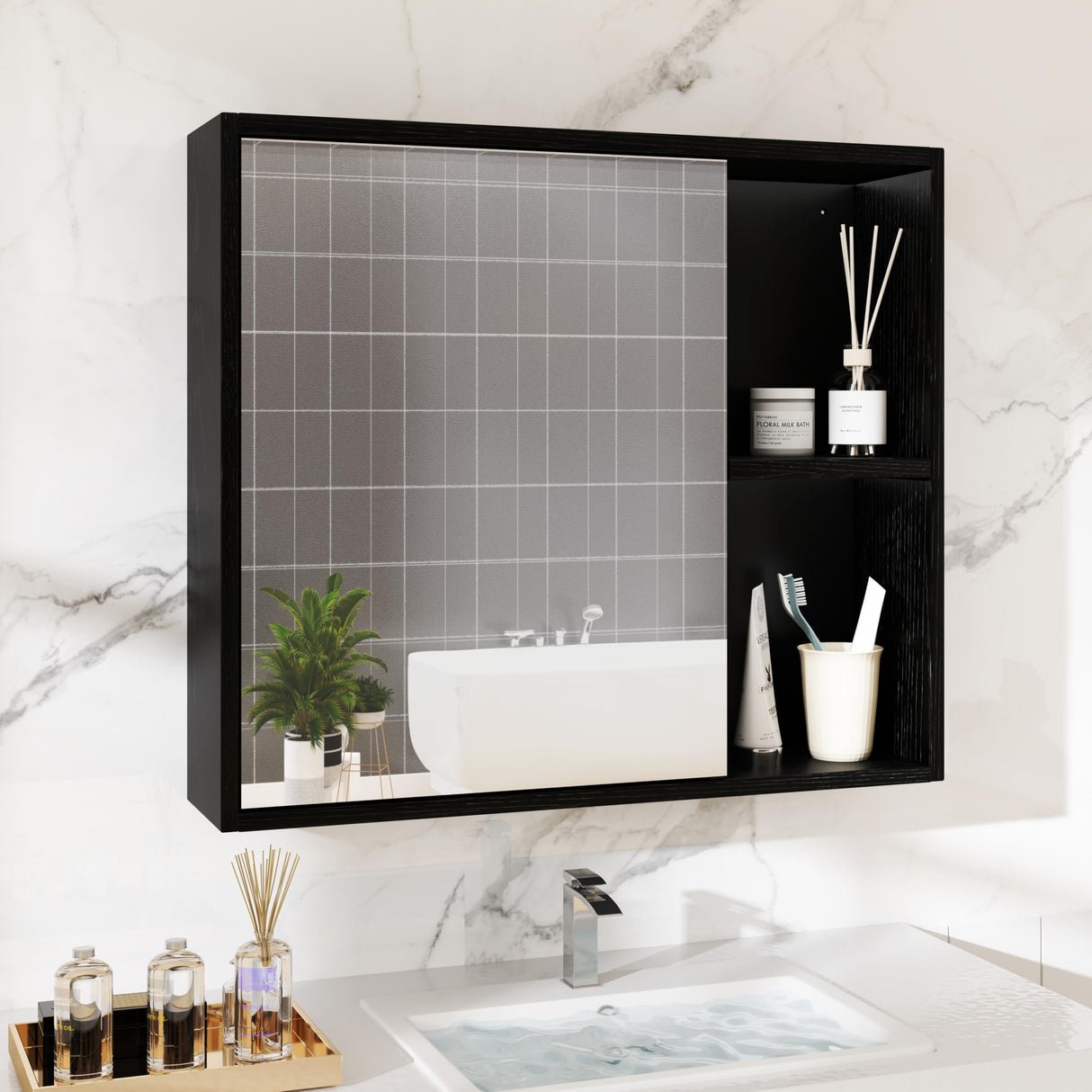 Giantex Medicine Cabinet, Bathroom Wall Cabinet with Mirror Door, 2 Adjustable Shelves, 2 Open Shelves, Vanity Mirrored Cabinet, Over The Toilet Storage Cabinet for Laundry Room Entryway, Black Giantex