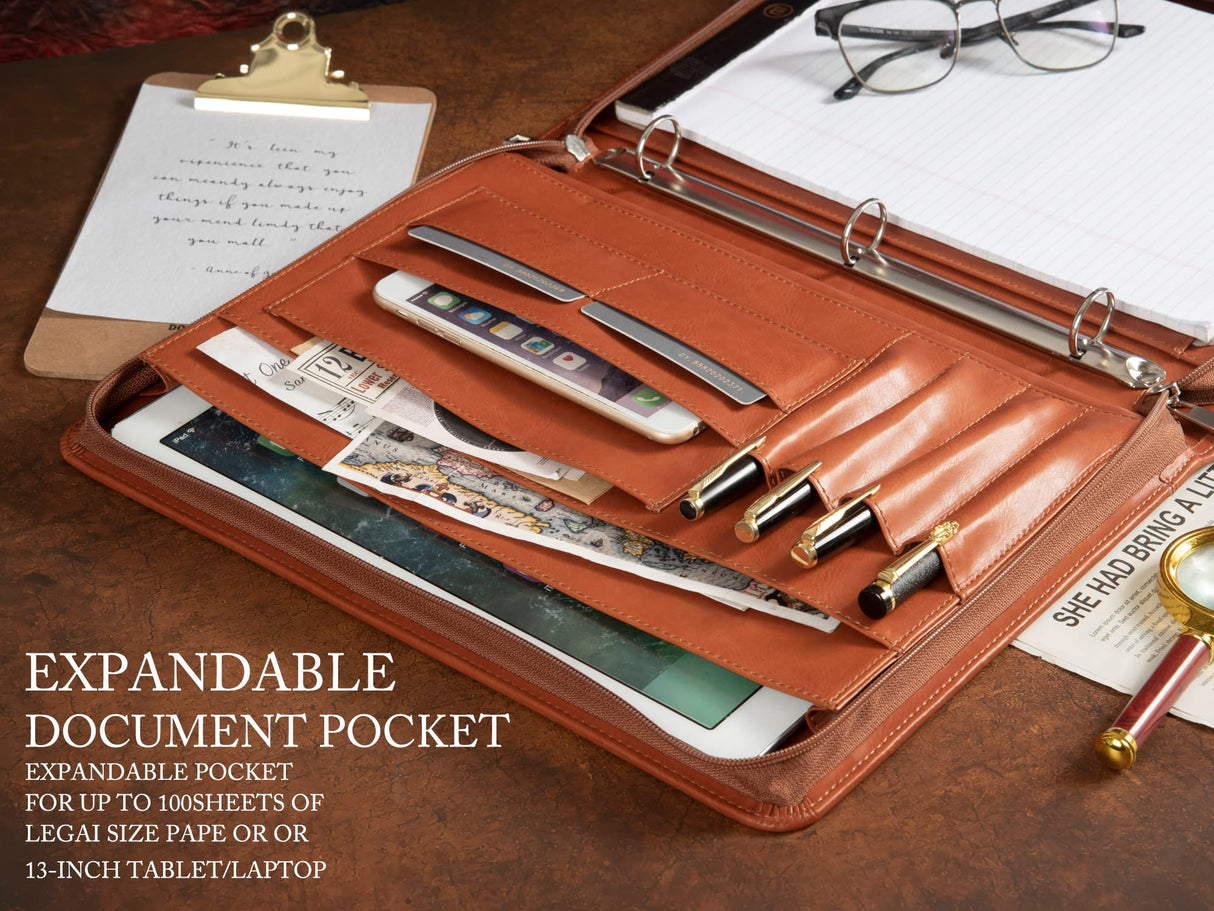 Free Engraved Name, Personalized Portfolio Binder Organizer, PU Leather Custom 3 Ring Binder Padfolio, Zipper Binder Business Document Ordner with A4 Writing Pad, Corporate Gift, Customized, Brown AZXCG