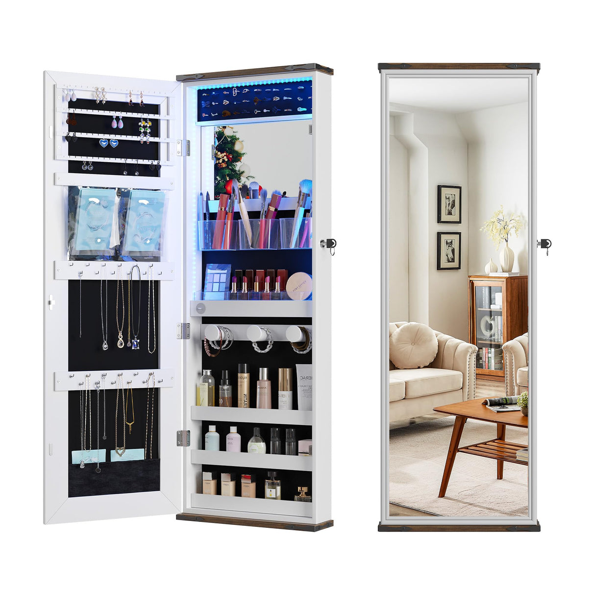 FREDEES Farmhouse Jewelry Organizer,Jewelry Armoire Cabinet with LED Lights Wall or Door Mounted, Full Length Mirror with Storage&Lockable,Interior Mirror,White FREDEES