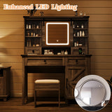 AMERLIFE 42'' Farmhouse Makeup Vanity Desk with Sliding Mirror and Lights, Glass Tabletop Vanity Table with 2 Drawers & Shelves for Bedroom, Light Rustic Oak AMERLIFE