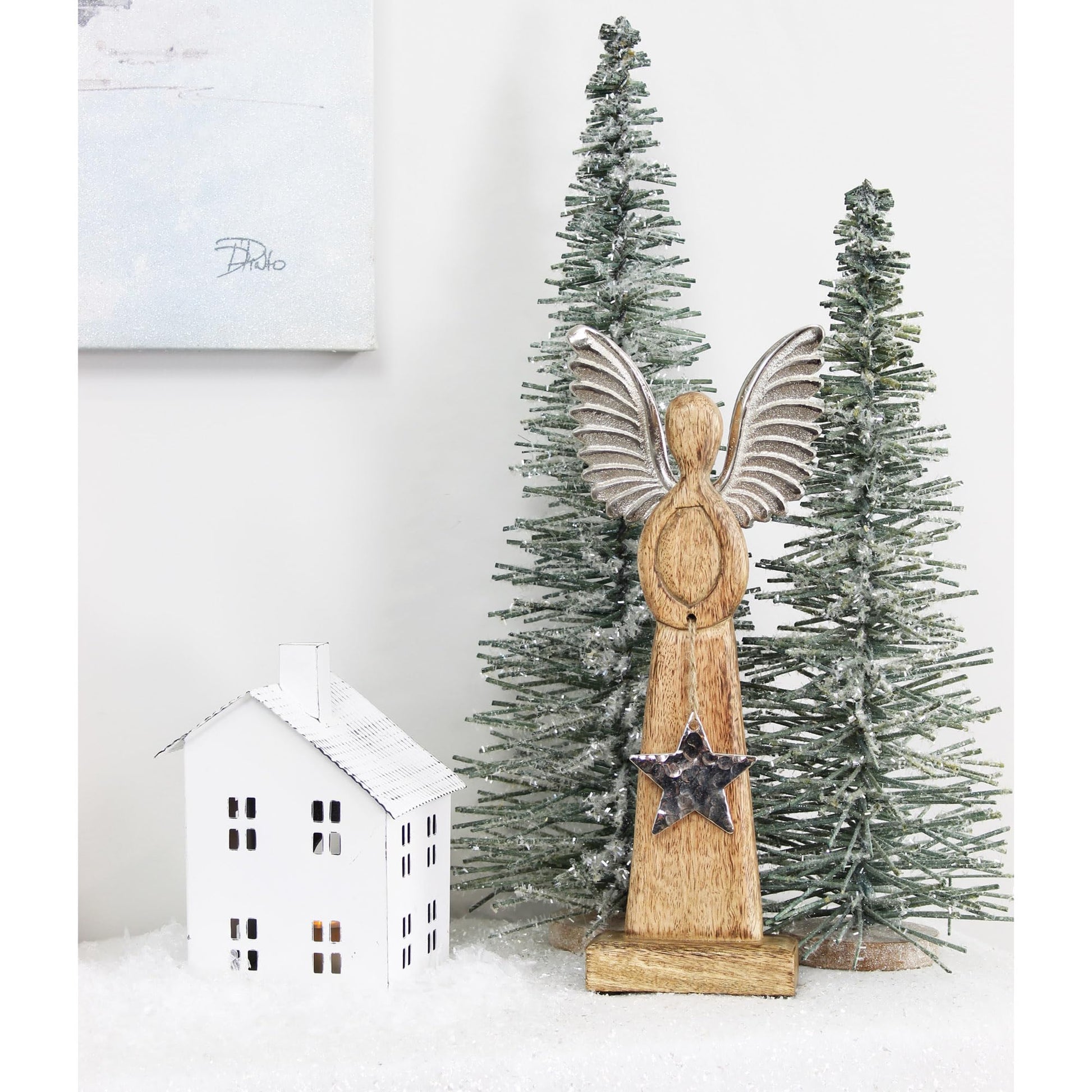 AuldHome Wooden Angel Christmas Statue; Farmhouse Holiday Decor Wood and Metal Figurine - WoodArtSupply